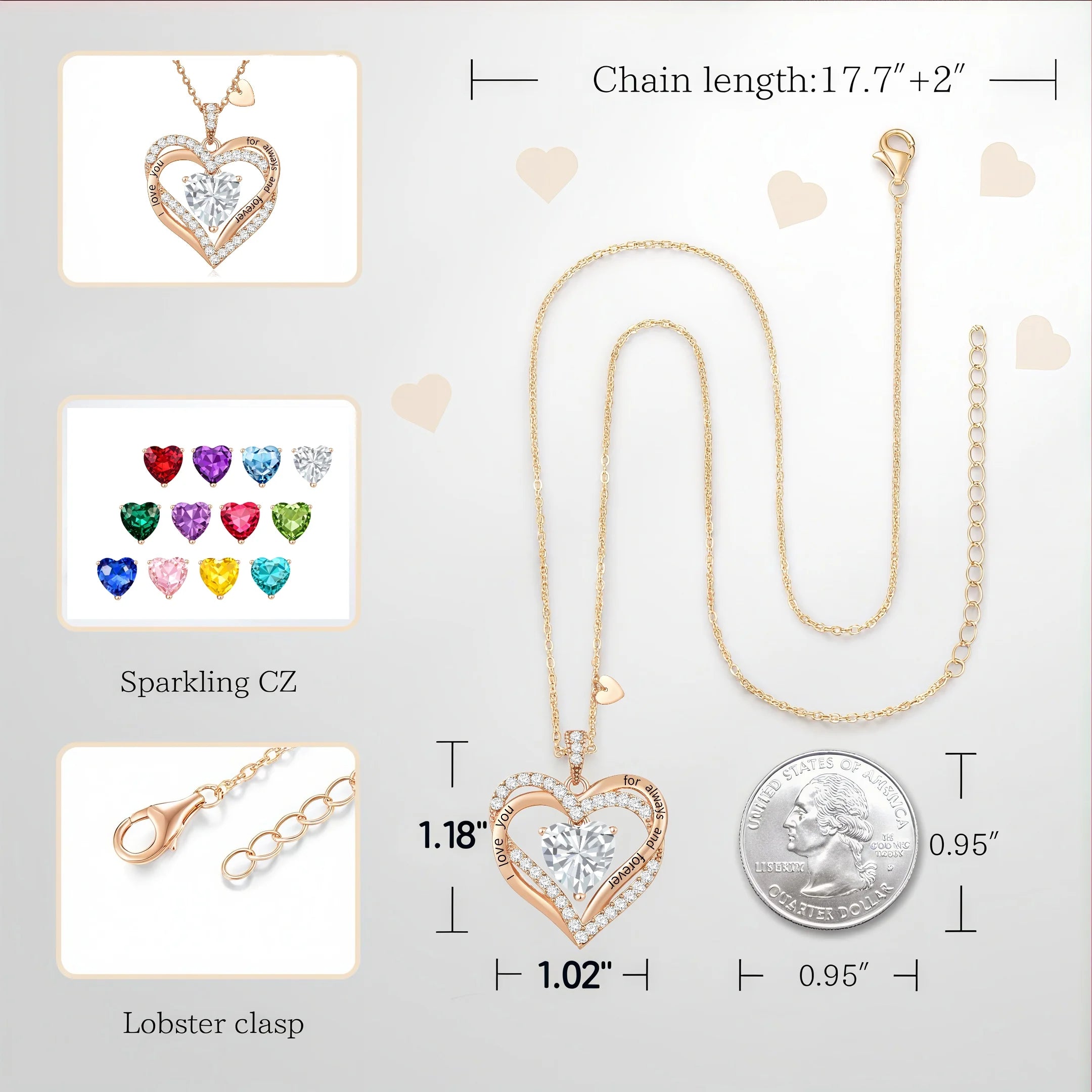 Love Pendant Necklaces for Women with Birthstone Zirconia, Christmas Birthday Anniversary Jewelry Gift for Women Wife