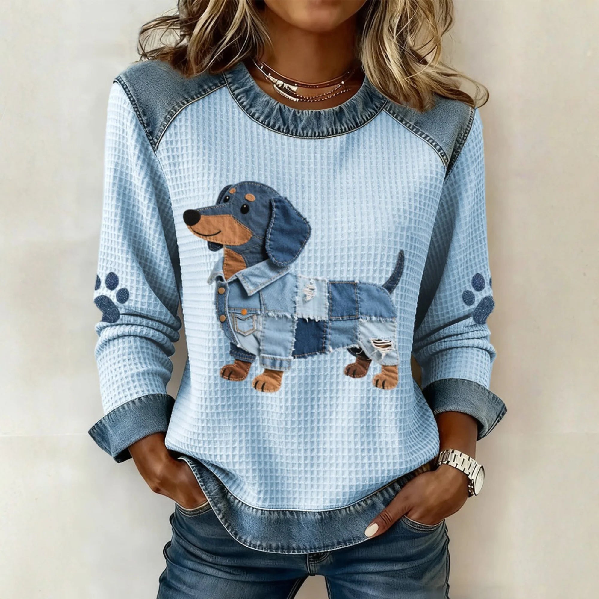 Sudadera Mujer Con Estampado Perro Patchwork – Diseño Casual Divertido