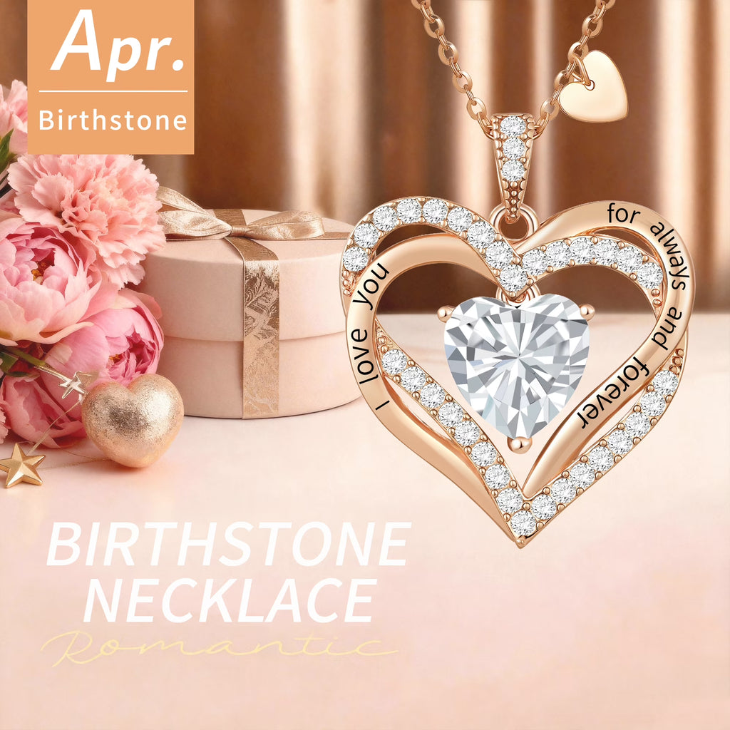 Love Pendant Necklaces for Women with Birthstone Zirconia, Christmas Birthday Anniversary Jewelry Gift for Women Wife